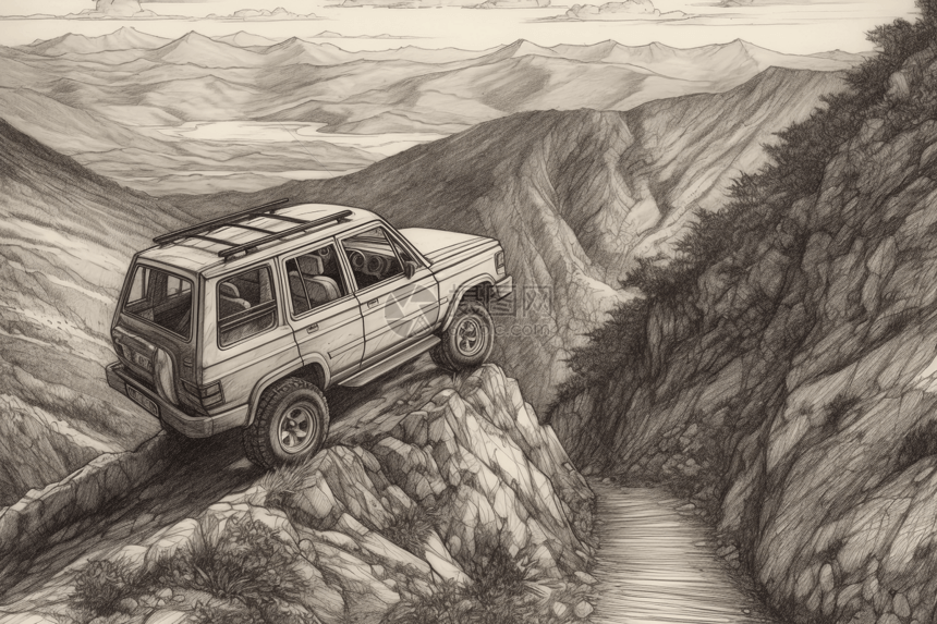 越野车爬上陡峭的山插图图片