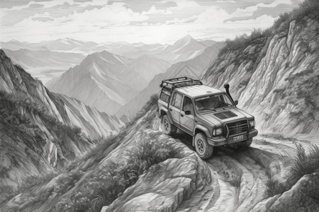越野车爬上陡峭的山创意插图图片