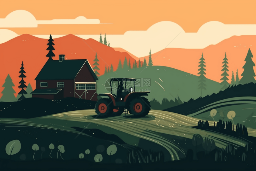 拖拉机在丘陵耕种图片