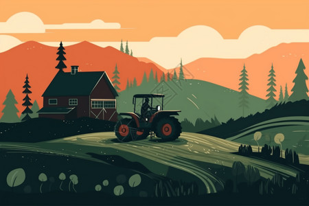 农场耕种拖拉机在丘陵耕种插画