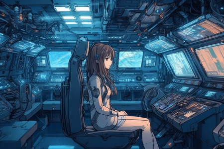 宇宙飞行员宇宙飞船中的动漫女孩创意插图插画