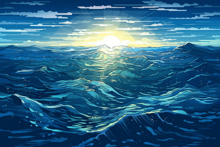 波浪商用贴纸夕阳下的海洋插画