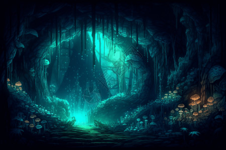 神秘洞穴里发光的蘑菇图片