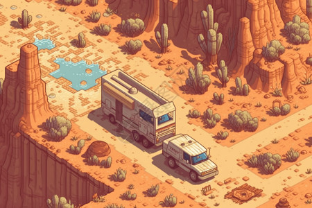 旅游车在沙漠中行驶图片