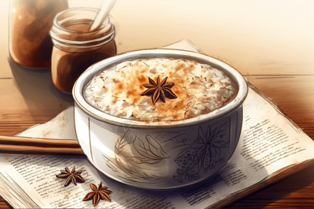 蜂蜜燕麦木桌上的米饭插画