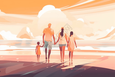 海滩上散步家庭创意插图图片