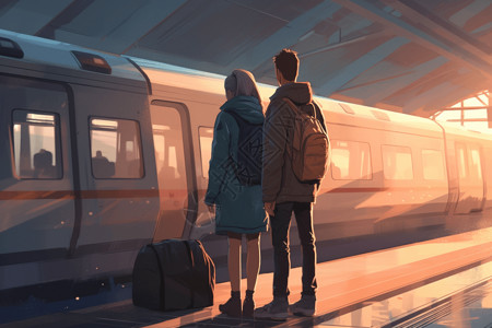 火车站情侣情侣在等待火车到达平面插图插画