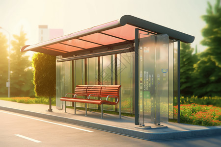 公交座位一个带有新能源公交车的候车亭插画
