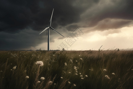 花丛中的风车草原中的风车涡轮机设计图片