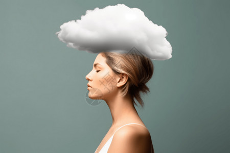 顶着荷叶的女孩金发美女头顶着一朵云设计图片
