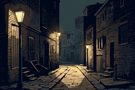 狭窄的小巷黑暗小巷的路灯;设计图片