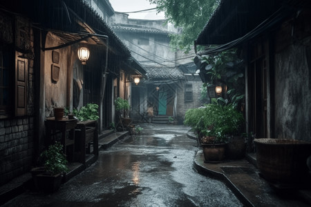 雨季中国小巷背景图片