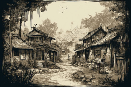 古老村庄中国村庄古老的房屋插画