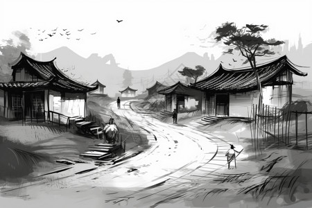 中国村庄古老的房屋建筑插画