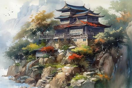 中国山庄的水彩画高清图片