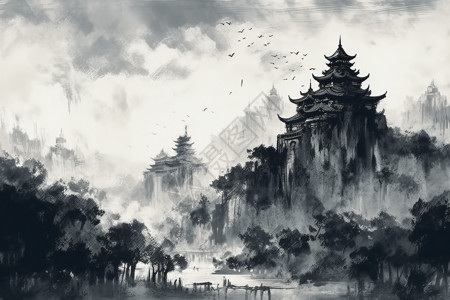 中式水墨风景画背景图片