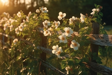 篱笆上的白色小野花背景图片