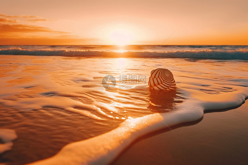 日落大海和海螺图片