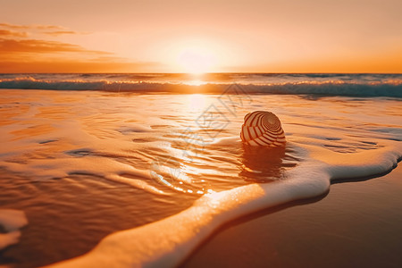 日落大海和海螺图片
