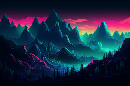 霓虹色光效陡峭的二元山脉插画