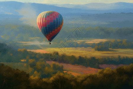 热气球飞越乡村手绘插图图片