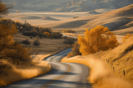 金色风树素材风景优美曲折的道路背景