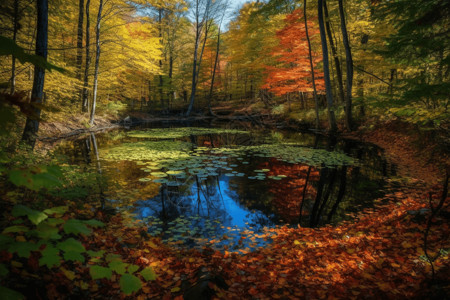 秋天树林的池塘图片图片