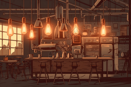 工业风格的咖啡馆平面插图背景图片