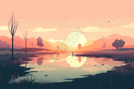 大雾湖面日出黎明时的湖面插画