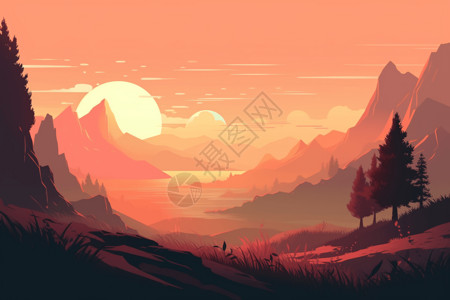 太阳东升西落黎明时的山间美景插画