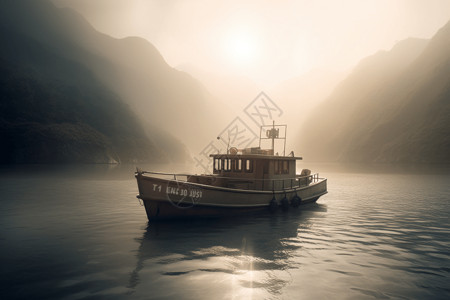 乌尔峡湾长江上的一艘渔船特写图设计图片