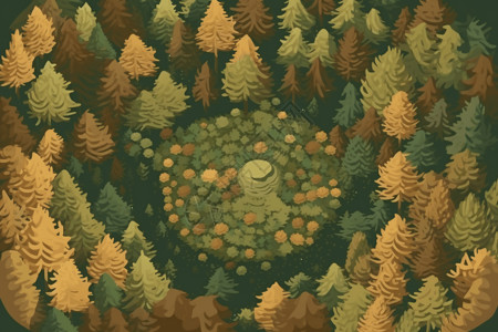 圆形树叶树密密层层的森林插画