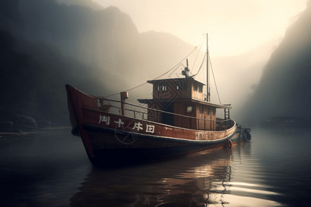 长江背景长江上的一艘渔船设计图片