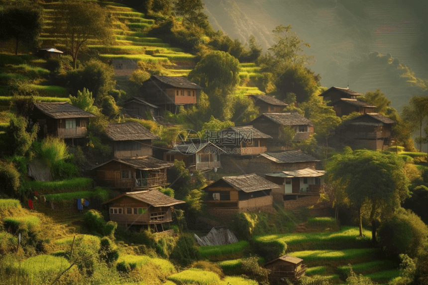 古朴的村庄坐落在山上图片
