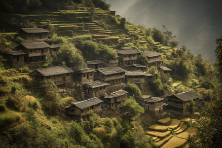 坐落在山上的村庄图背景图片