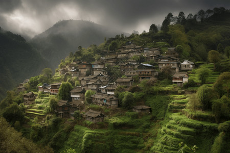 坐落在山上的村庄图图片