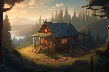坐落在树林里的农家木屋插图背景图片