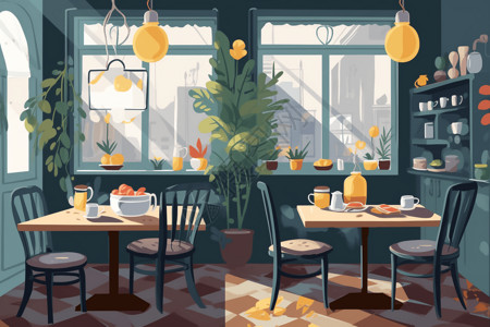 现代风格早餐咖啡馆创意插图背景图片