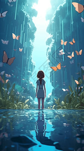 站水池里看蝴蝶的女孩背景图片