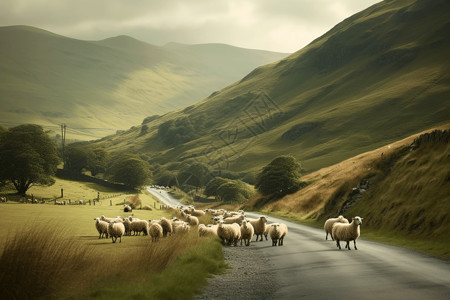 蜿蜒小路山路上放牧的山羊设计图片
