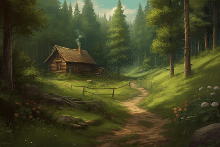 乡间小屋郁郁葱葱的绿色森林平面插图插画