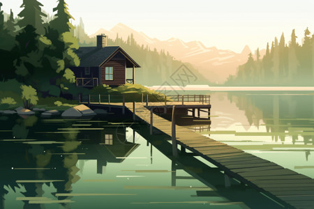 宁静的湖边静修处平面插图插画