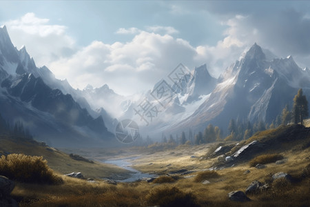 山景如画白雪皑皑的山峰景观设计图片