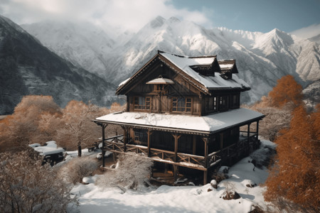 青山中的房子雪山中的山间小屋创意概念图设计图片