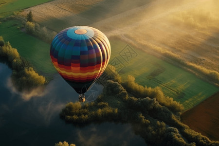热气球穿越乡村景观高清图片