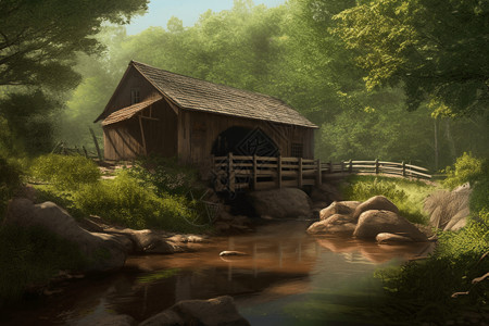 乡村河流上廊桥的平面插图图片