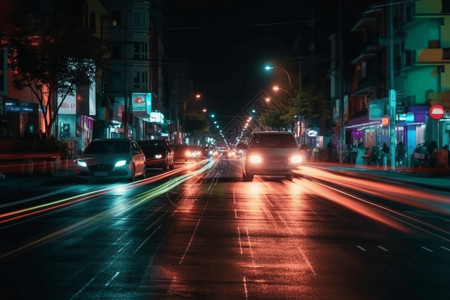 汽车晚上在城市街道上行驶图片