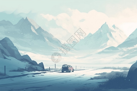 车积雪汽车在积雪的道路上行驶插画