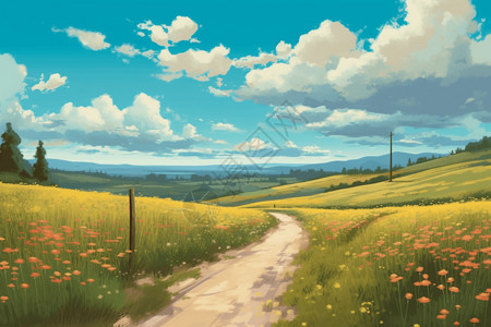 野花盛开的乡间小路平面插图图片