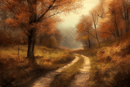 秋季乡间小路创意插图背景图片